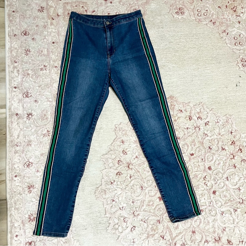 H&M Divided skinny blue high rise waisted denim green stripes ankle jeans